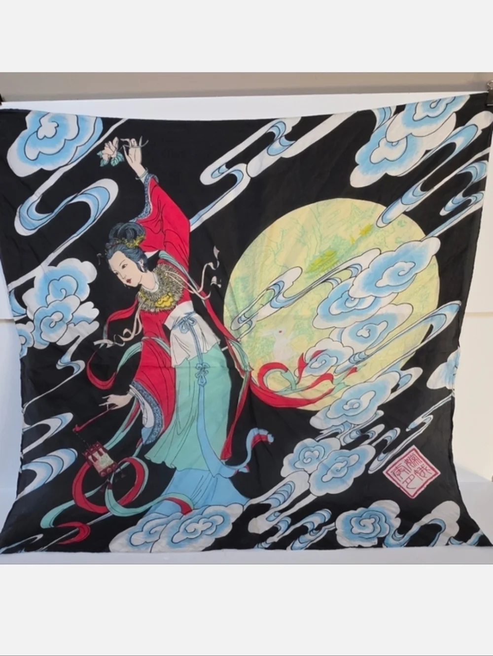 Vintage Silk Asian Scarf Goddess Of The Moon Joga Red and Blue Accents 100% Silk